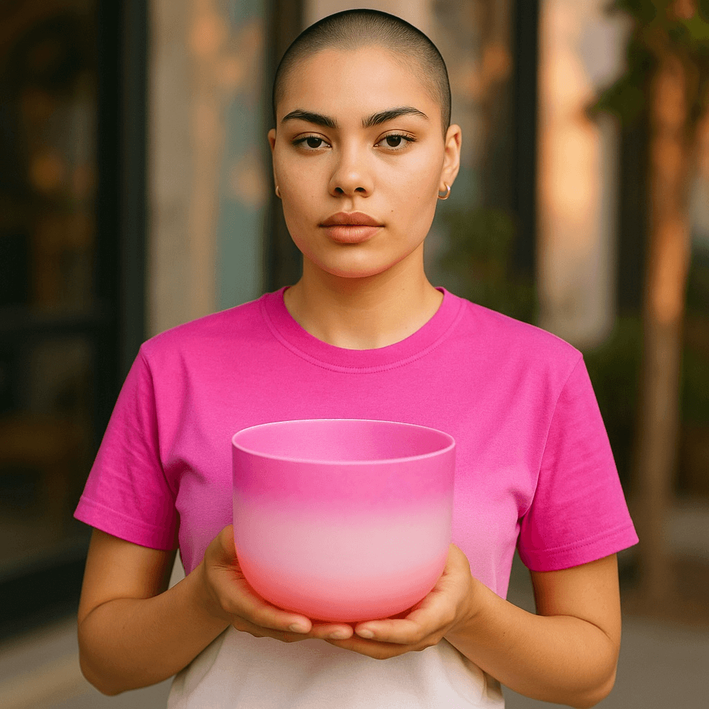 Person holding a pink candy 8" crystal singing bowl, promoting heart chakra crystal singing bowl energy and harmony.