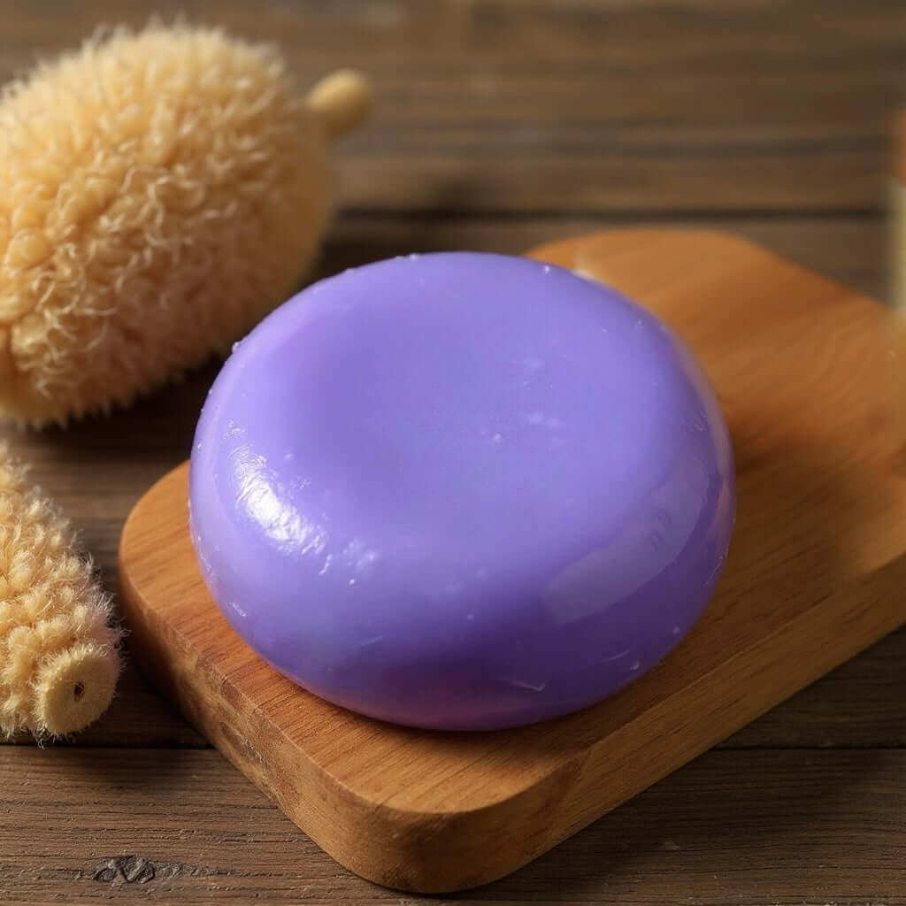 rosemary biotin conditioner bar on a wooden surface with natural sponges in the background