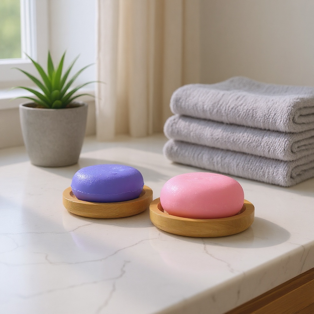 Two colorful soap bars on wooden stands with towels and a plant in the background.