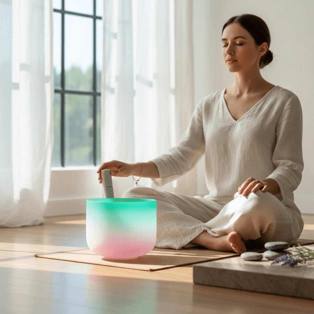 Woman meditating with a Green-to-Pink 8” crystal singing bowl, promoting healing and harmony in a serene environment.