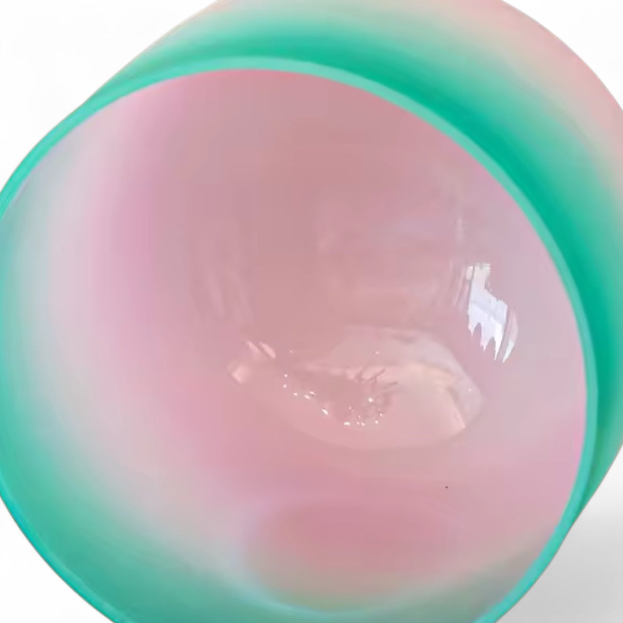 Green-to-Pink 8-inch crystal singing bowl interior view showcasing its rainbow quartz surface.