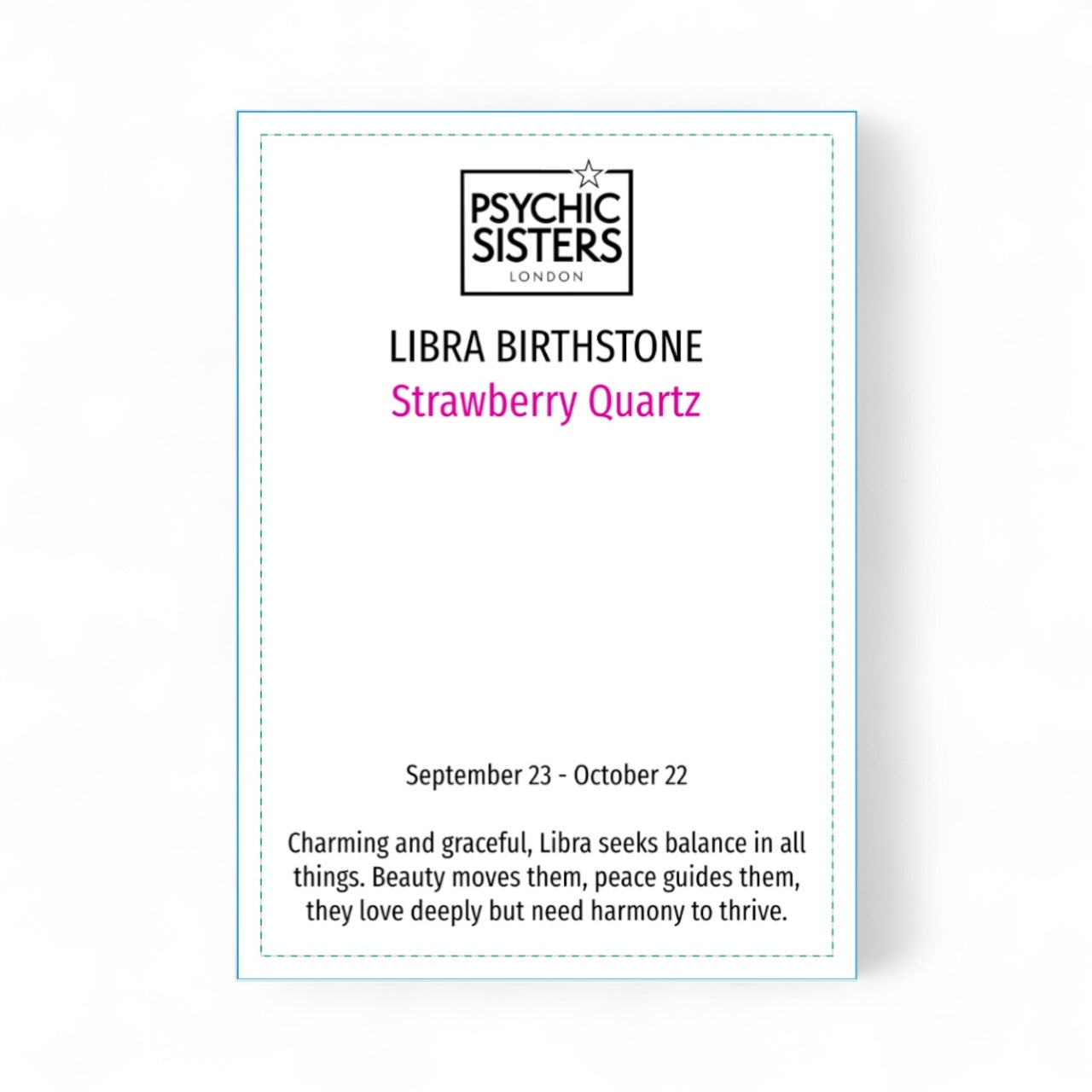 Card with Psychic Sisters branding and Libra birthstone information on a white background