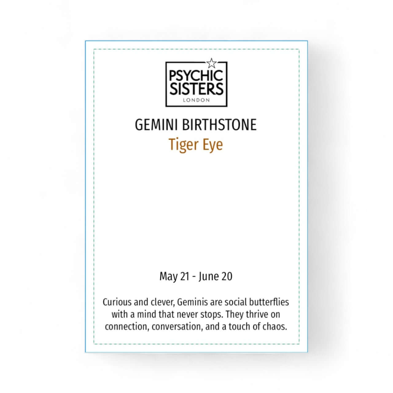 Gemini Tigers Eye Bracelet product information card highlighting birthstone dates and personality traits.