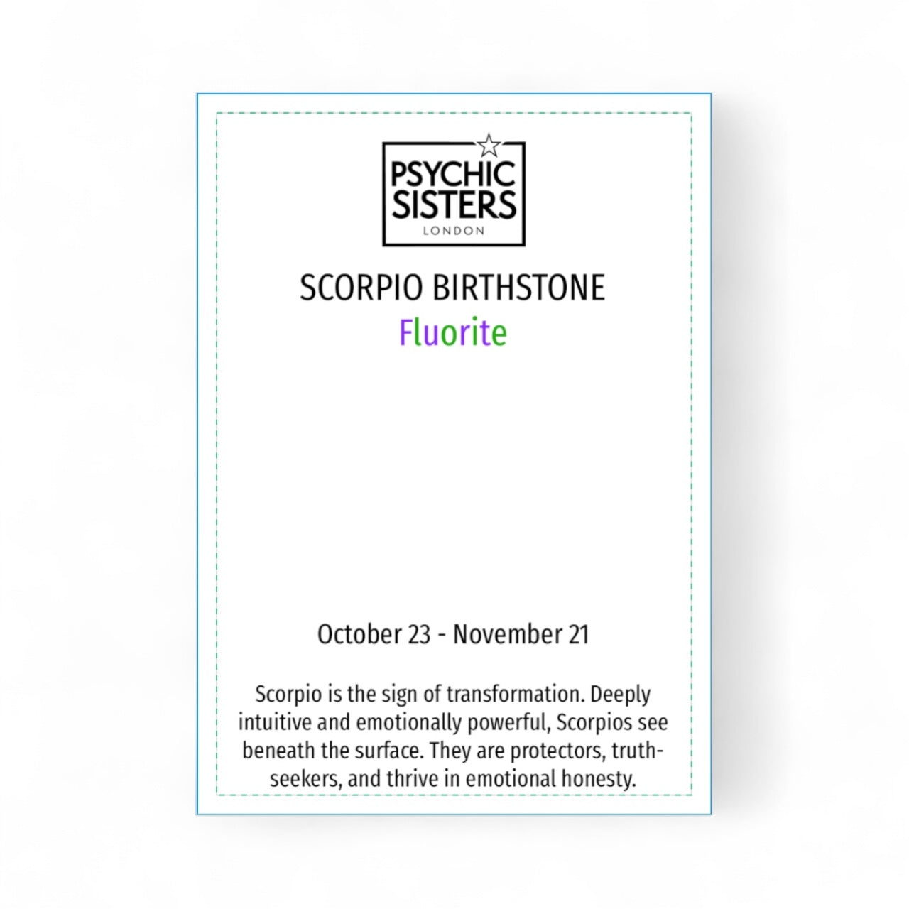 Card from Psychic Sisters London about Scorpio birthstone Fluorite on a white background