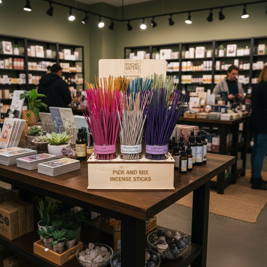 Psychic Sisters incense stick set on display with various scents in a retail environment.