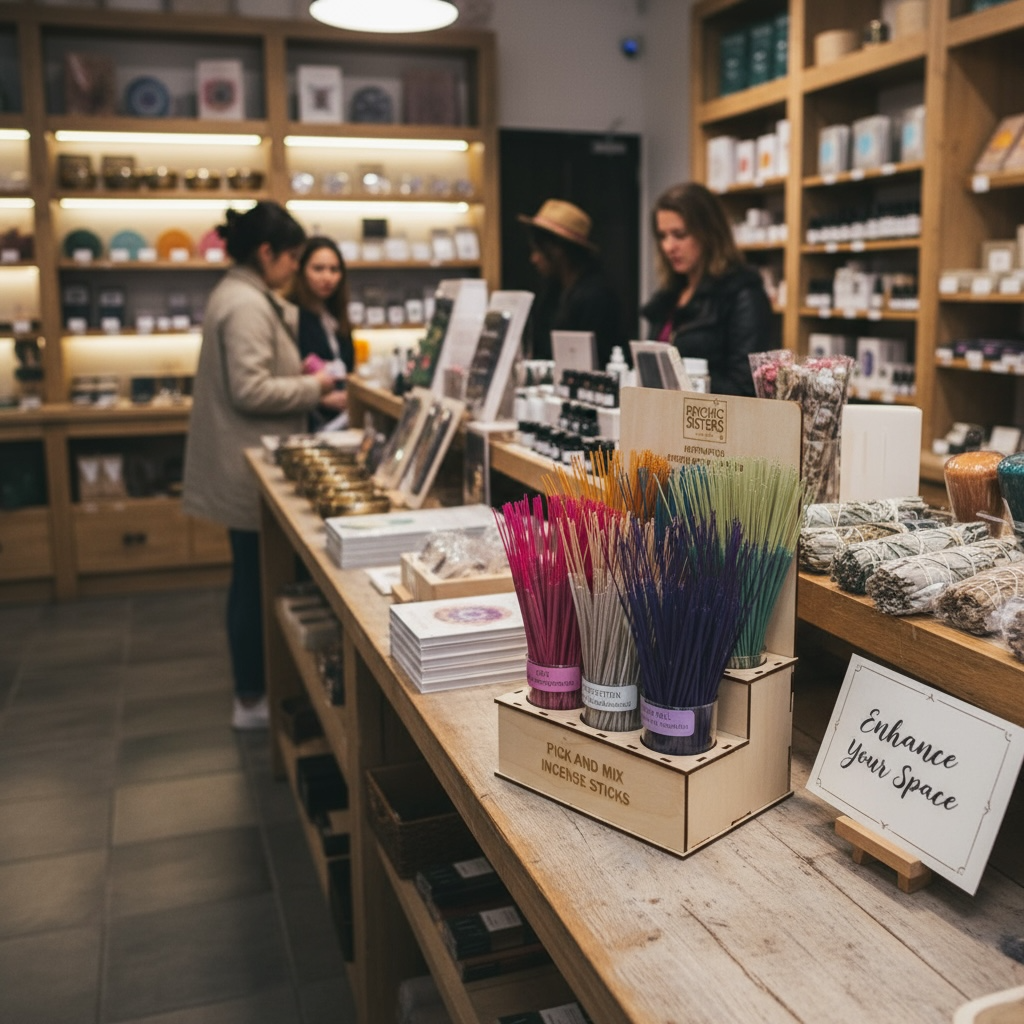 Psychic Sisters incense stick set displayed with vibrant colors in a shop, showcasing a calm and inviting atmosphere.
