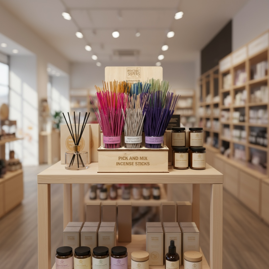 Psychic Sisters incense stick set displayed in a shop, featuring vibrant colored handmade incense sticks.
