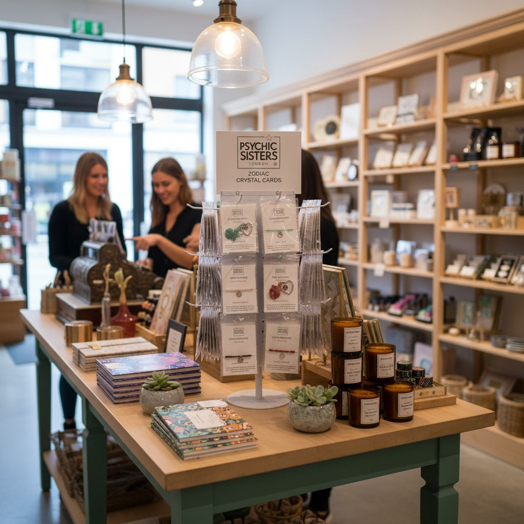 handmade zodiac gemstone key ring set displayed at Psychic Sisters shop with crystal cards and eco-friendly products.