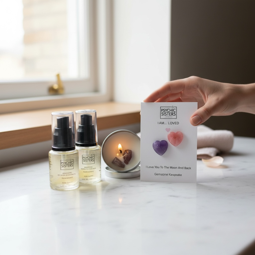 Valentine’s Day Crystal Gift Box with gems, oils, and candle for manifesting gift box.