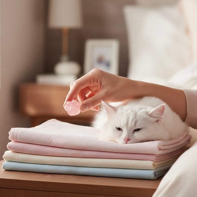 Cat Crystal Set featuring a white cat resting on stacked blankets while a hand holds a Rose Quartz pet paw.