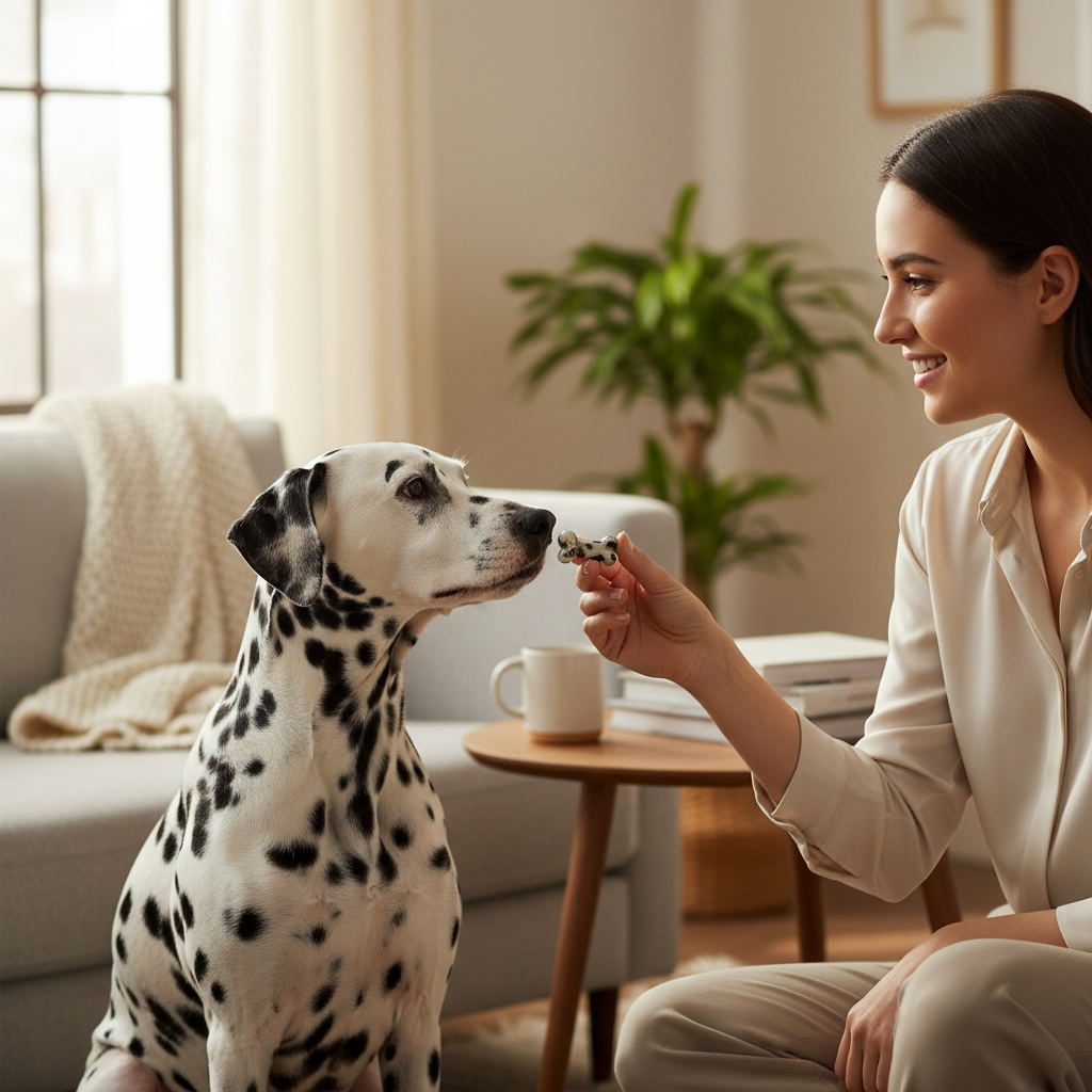 Woman offering a treat to a Dalmatian dog in a cozy living room, celebrating their bond and connection.