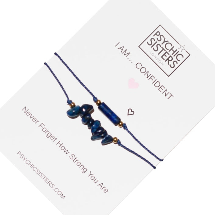 Confidence crystal bracelet featuring Lapis Lazuli and a motivational card by Psychic Sisters.