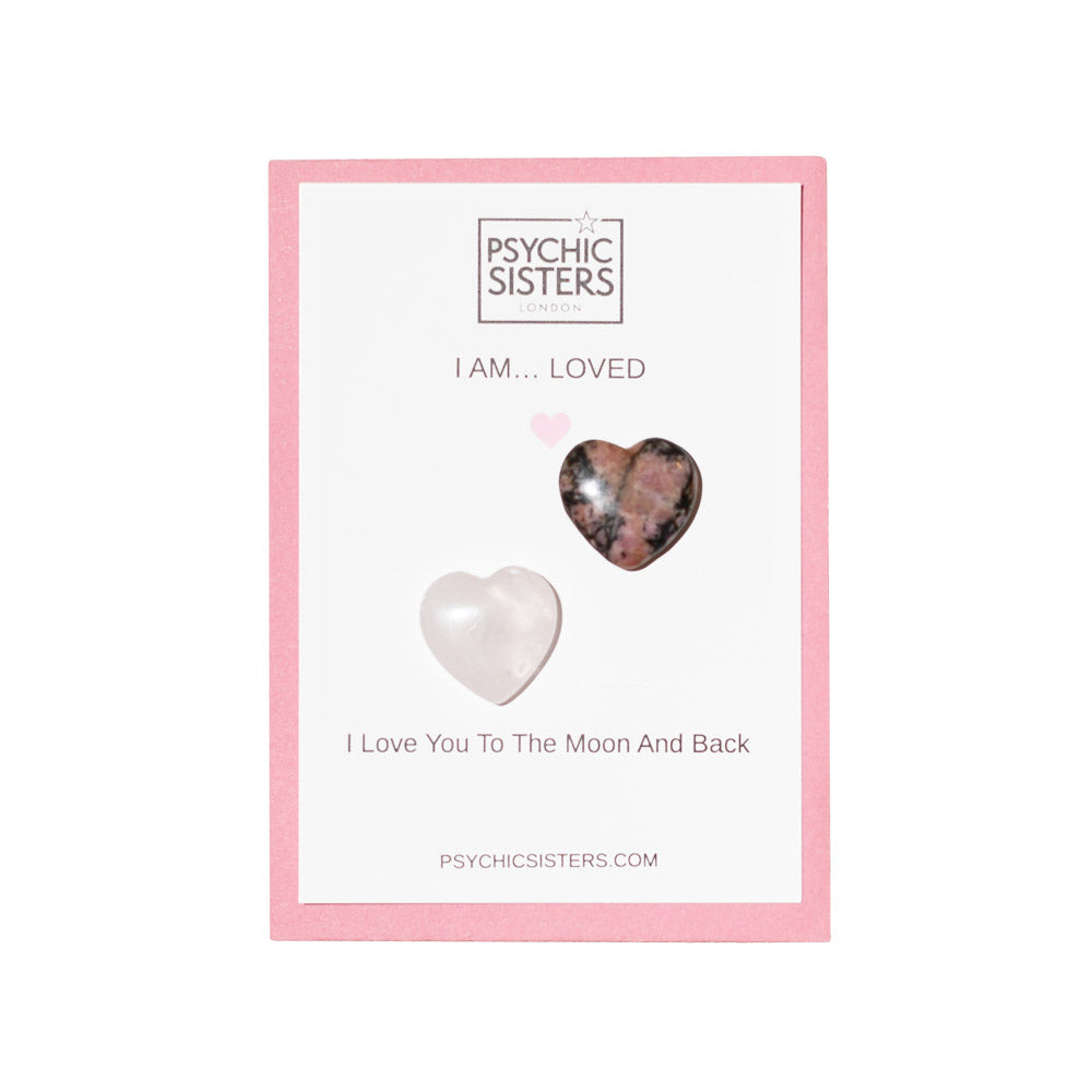 I Am Loved Hand-Chosen Crystal Cards featuring hand-carved Rose Quartz and gemstone hearts for comfort and connection.