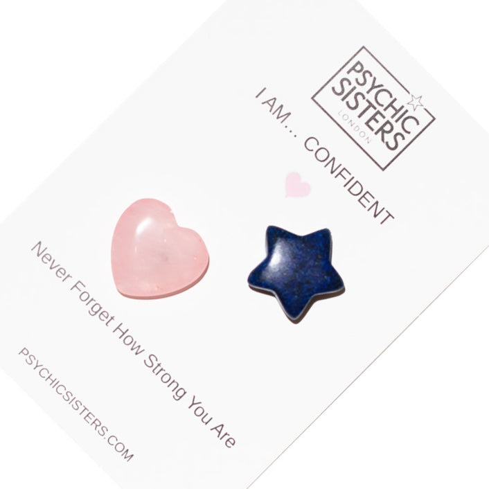 I Am Confident Hand-Chosen Crystal Card showcasing heart and star gemstones for empowerment.