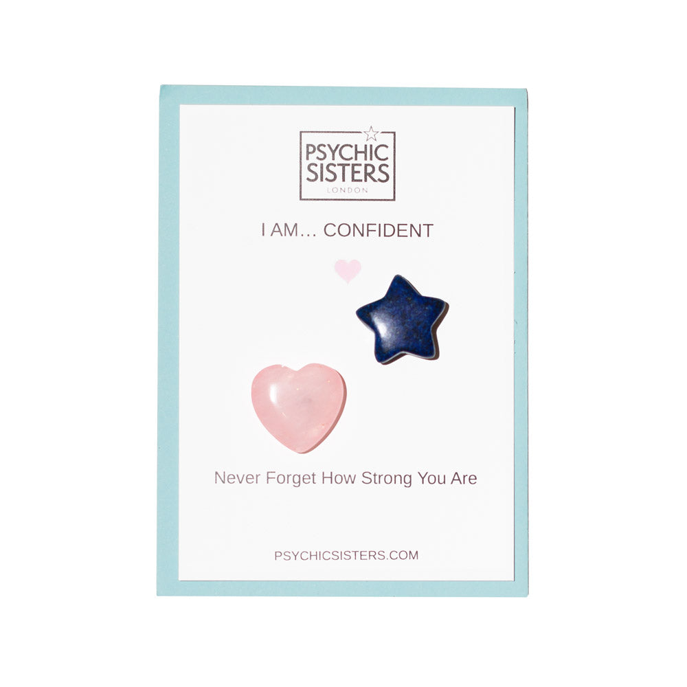 I Am Confident Hand-Chosen Crystal Card featuring a pink heart and a blue star gemstone.