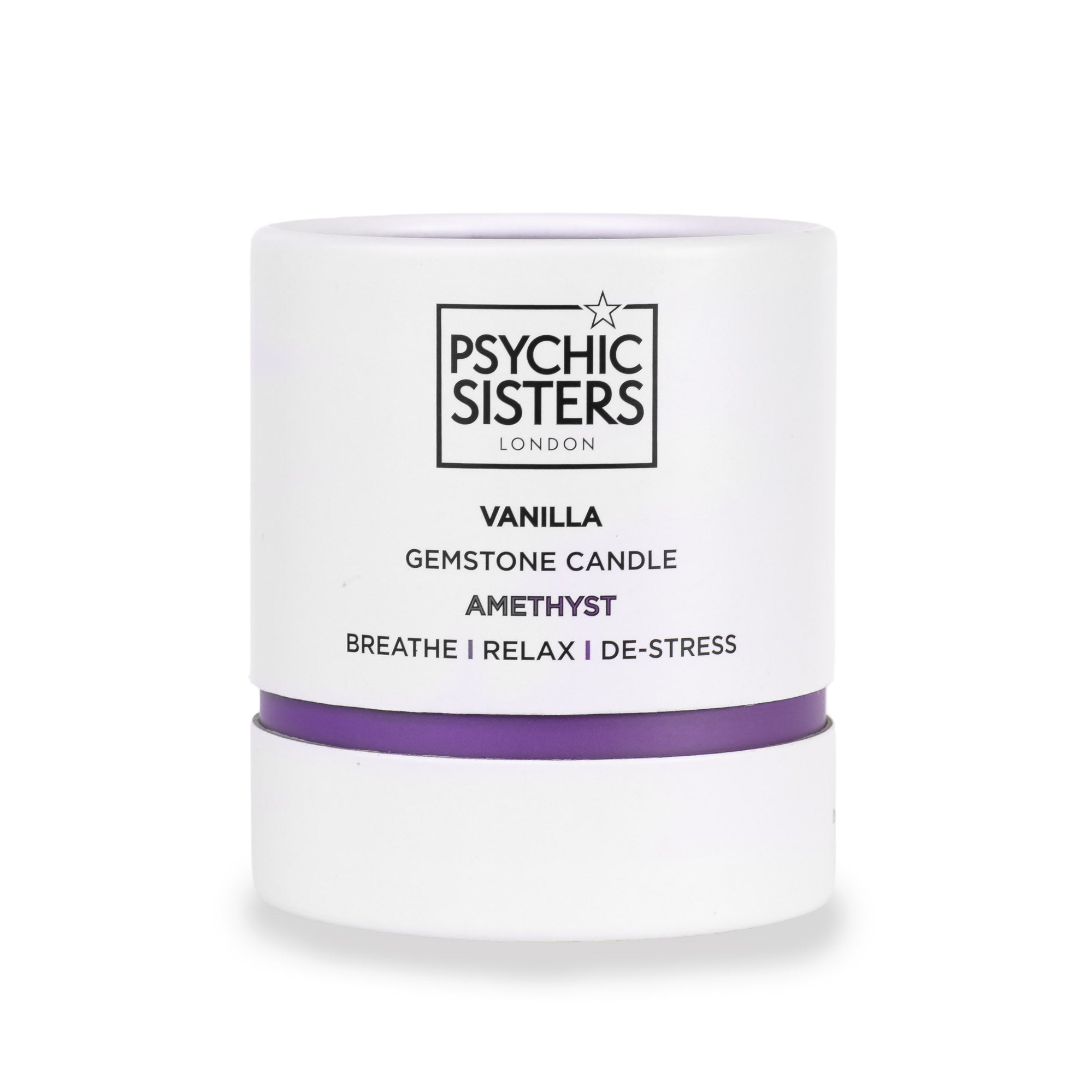 Amethyst Crystal Candle - Vanilla Scented Soy Wax with Healing Gemstones - Psychic Sisters