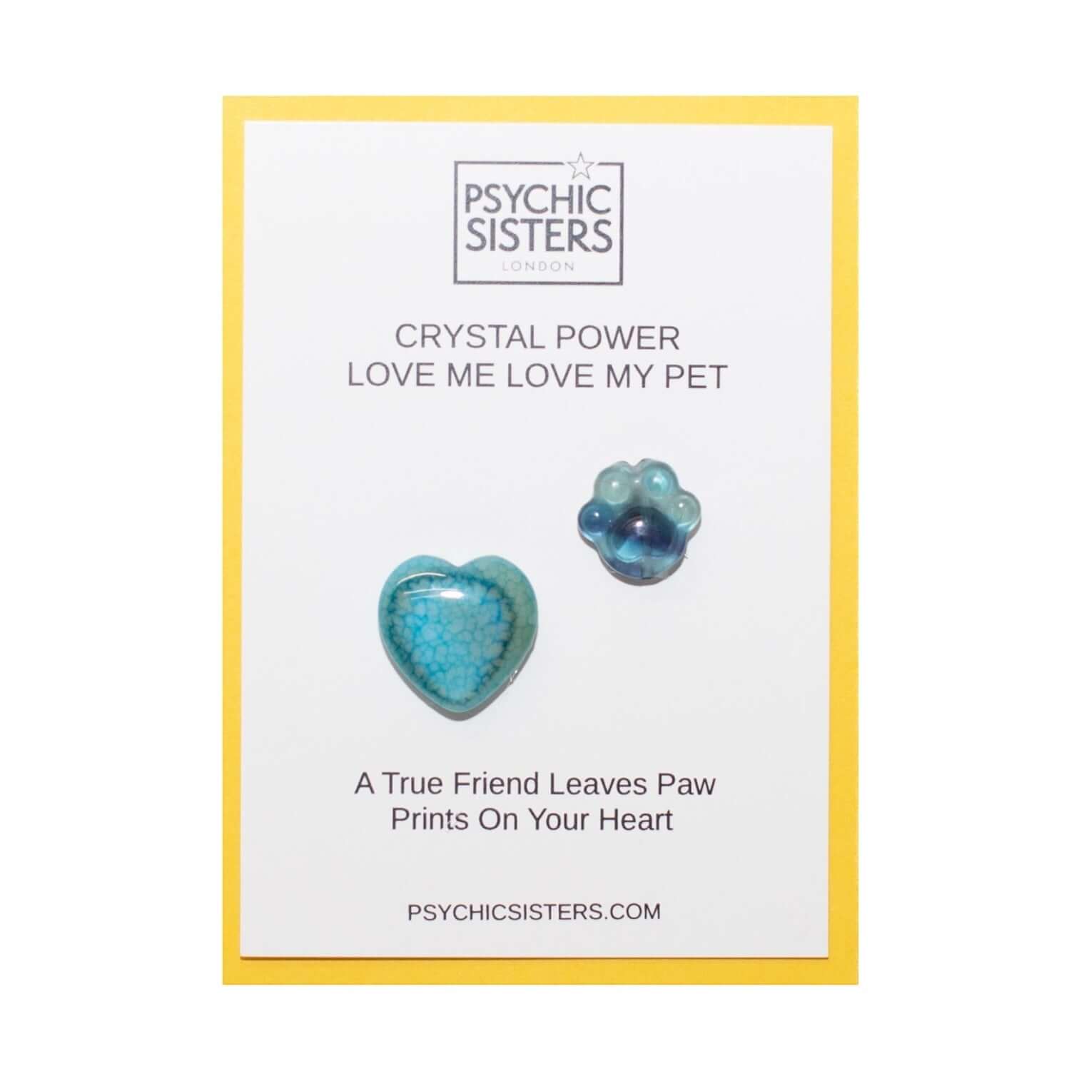 Love Me Love My Cat Hand-Chosen Crystal Cards featuring blue heart and paw print crystals on a yellow card