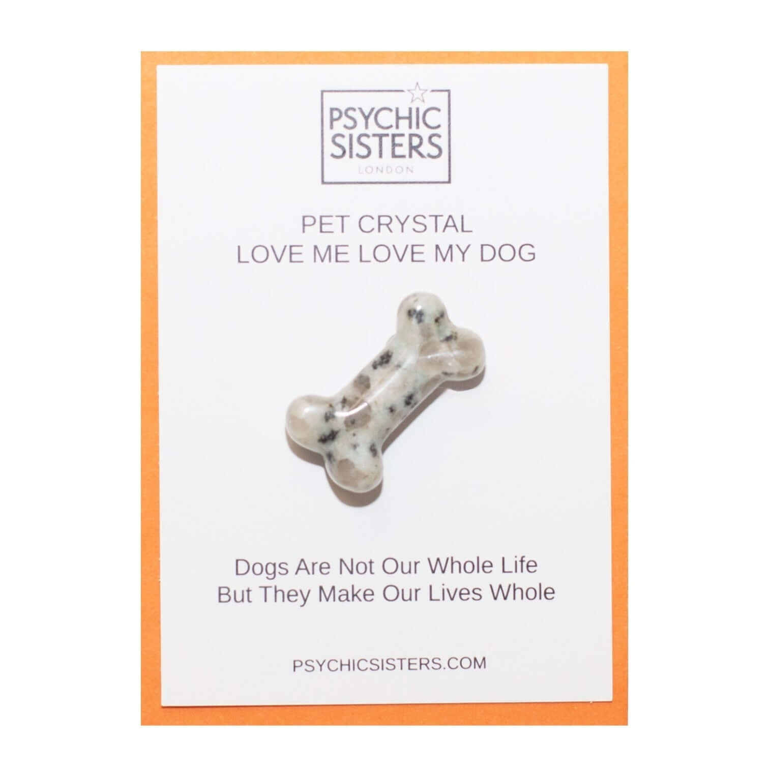 Love Me Love My Pet crystal dog bone on card, perfect gift for pet lovers by Psychic Sisters.