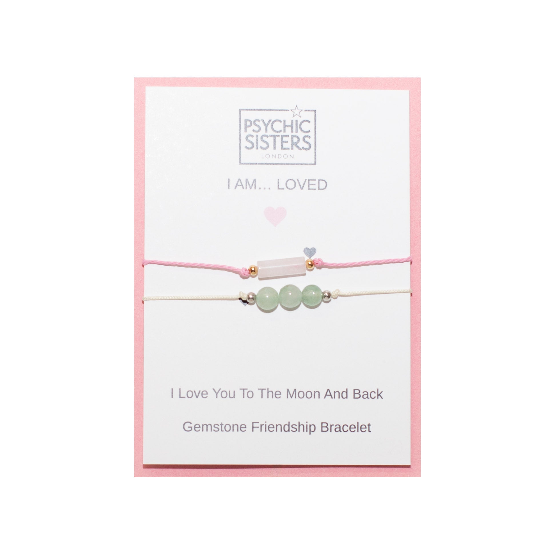 I Am Loved crystal bracelet set featuring gemstones on a card by Psychic Sisters.