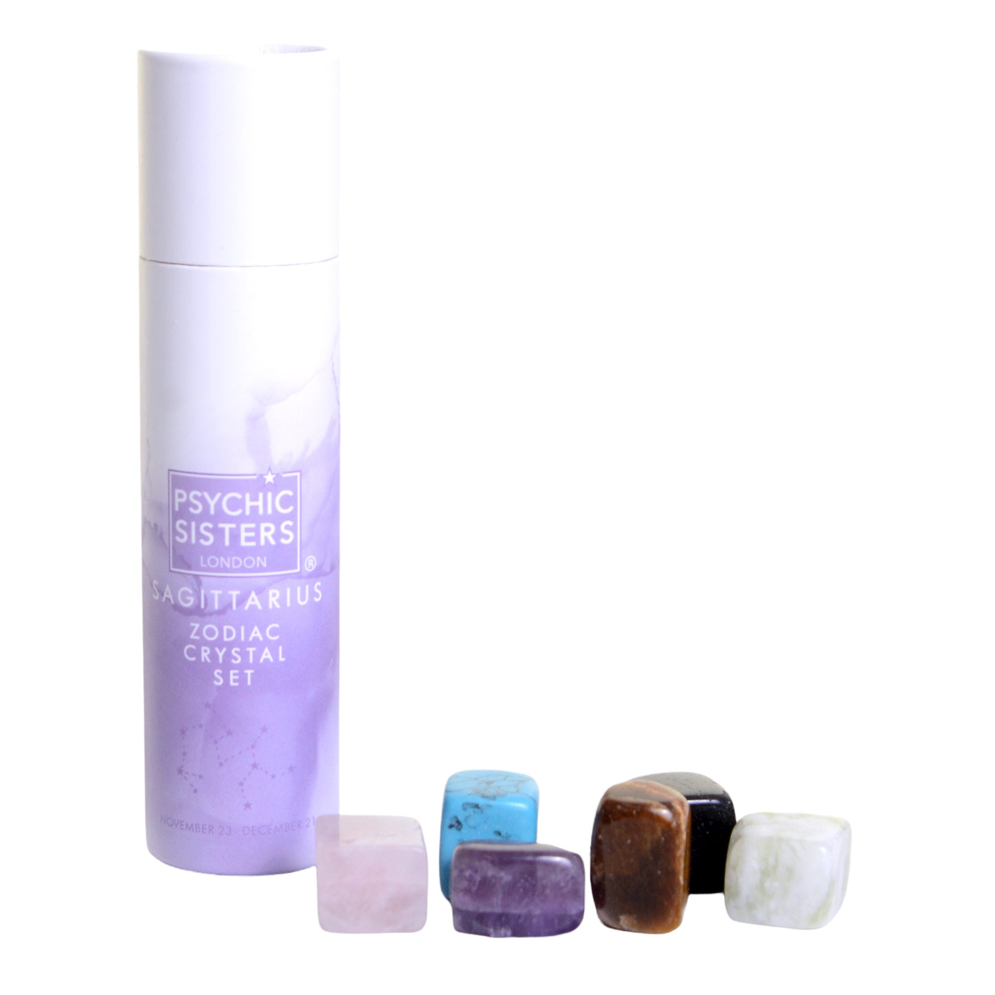 Sagittarius Crystal Set (November 22 - December 21) featuring six gemstones and a packaged tube from Psychic Sisters.