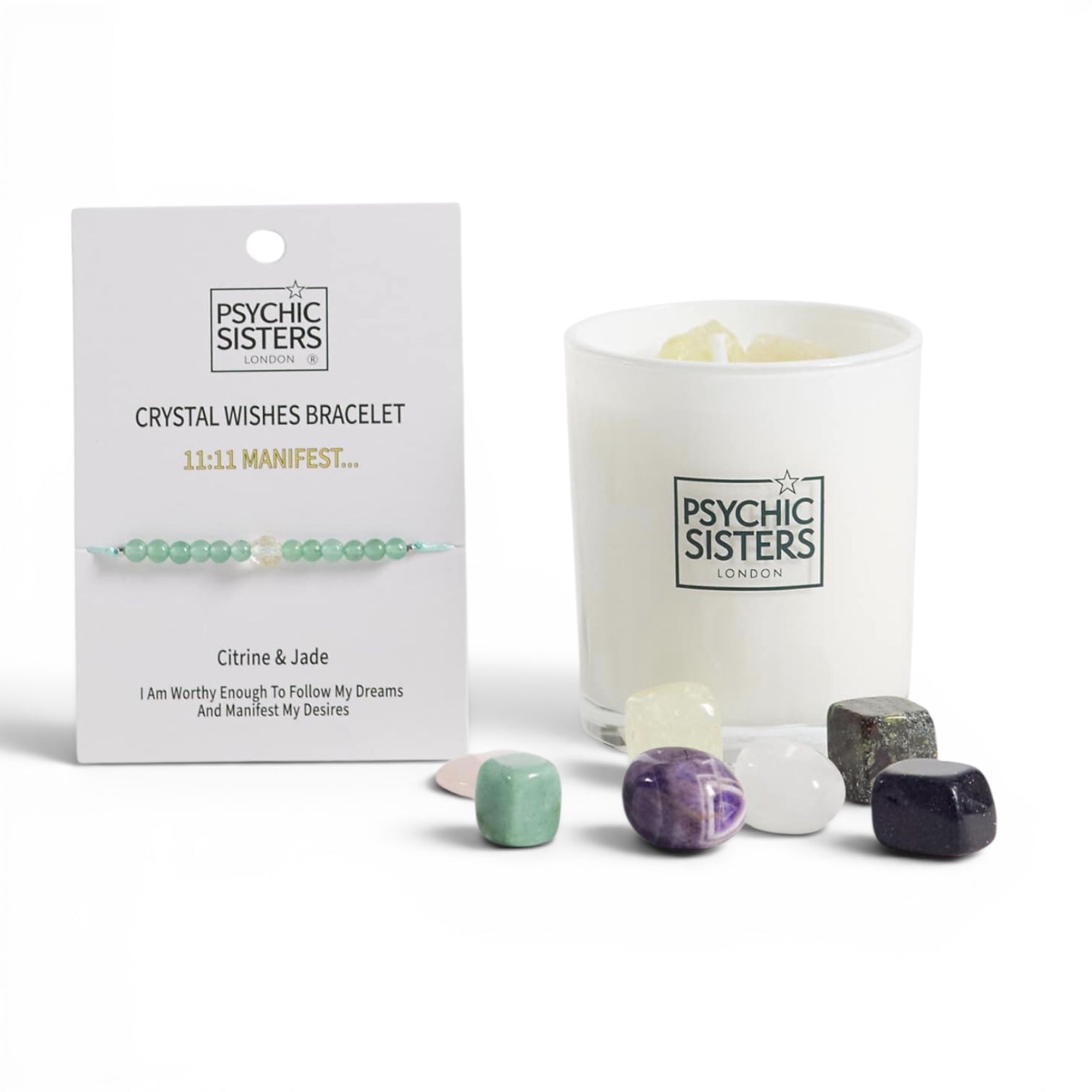 Psychic Sisters Manifest 11:11 bundle with citrine candle, aventurine and citrine bracelet and crystal set for abundance and manifestation
