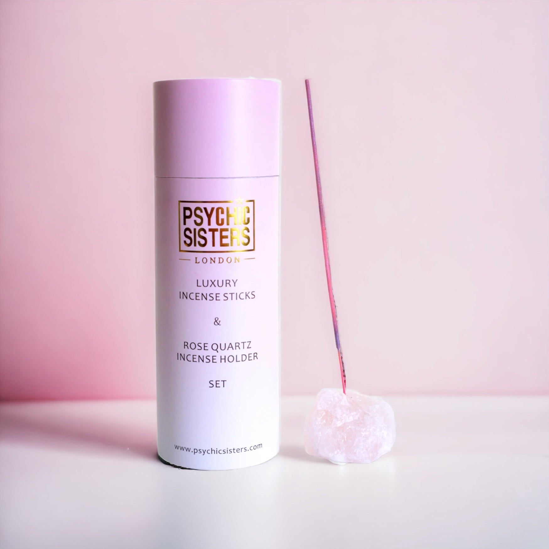 Rose Quartz Incense Holder Set featuring luxury incense sticks and a rose quartz gemstone, beautifully designed for good vibes.