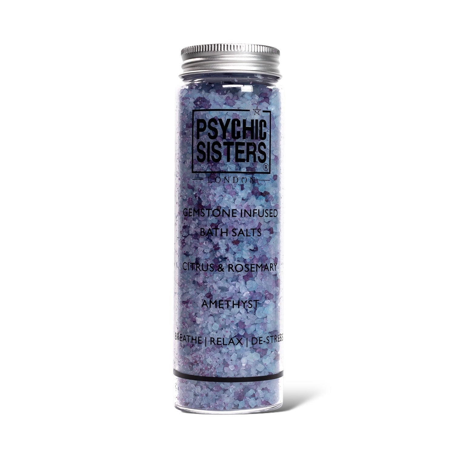 Psychic Sisters Amethyst and Citrus & Rosemary gemstone infused bath salt shot in a glass tube.