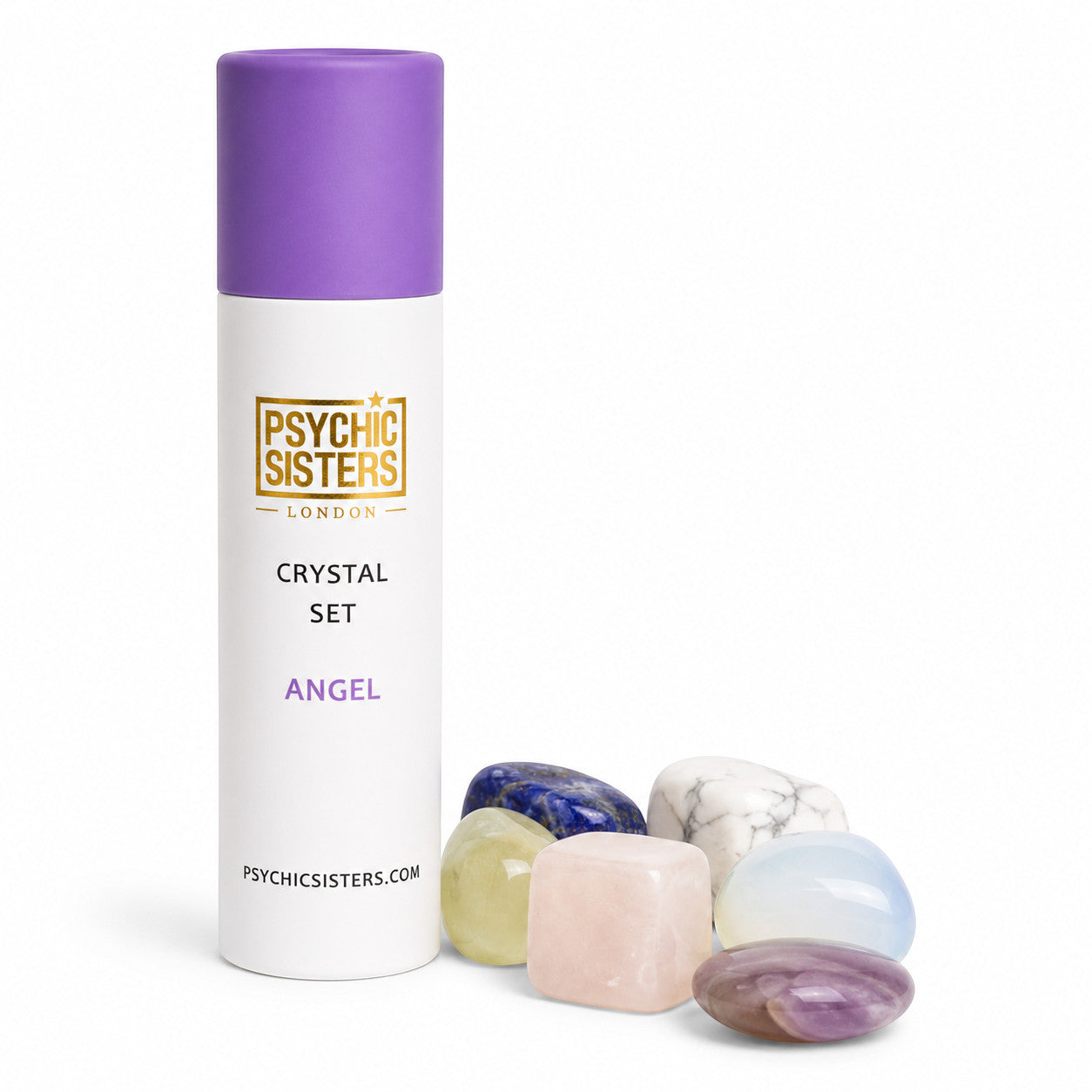Psychic Sisters Angel crystal set featuring seven tumbled stones in a white and purple recycled cardboard tube.