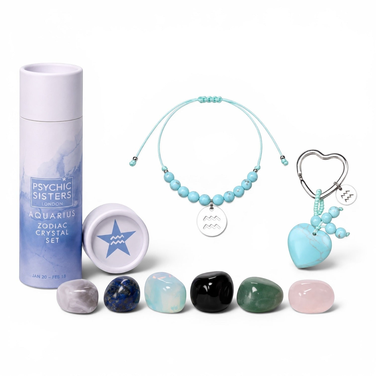 Psychic Sisters Aquarius zodiac crystal set with matching turquoise beaded bracelet, heart keyring, and six stones.