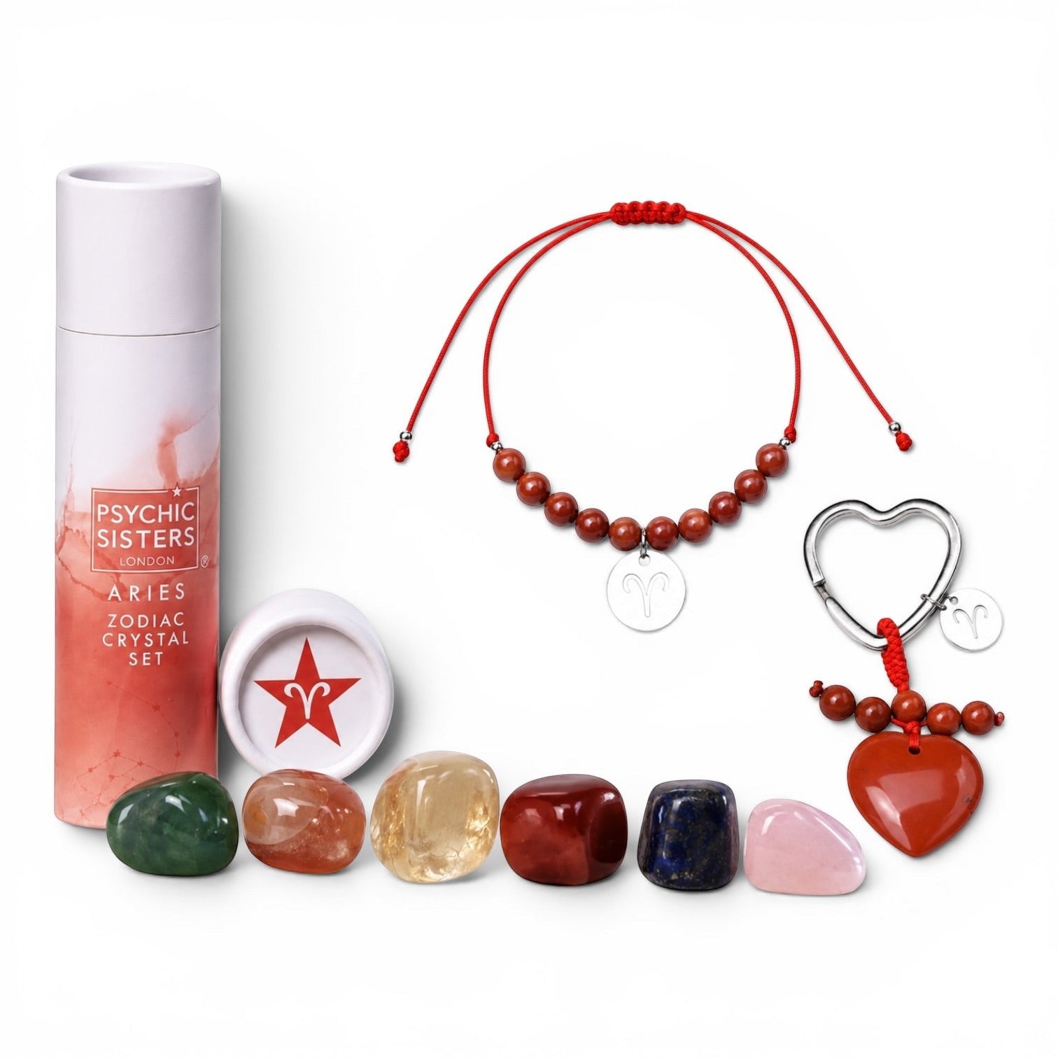 Psychic Sisters Aries zodiac gift set with six crystals, a red beaded bracelet, and a heart-shaped keyring.