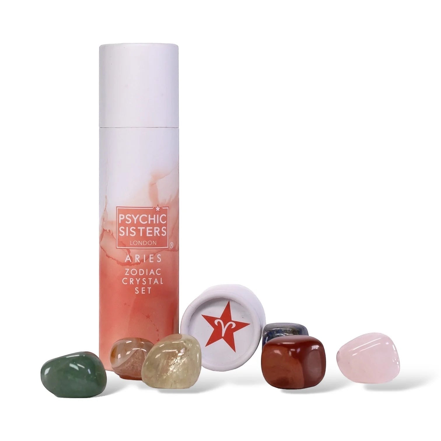Psychic Sisters Aries Zodiac Crystal Set with six tumbled gemstones in a branded recycled cardboard tube.