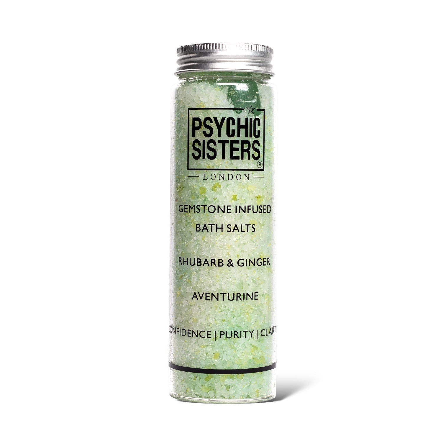 Psychic Sisters Aventurine gemstone infused bath salts in a glass bottle with a rhubarb and ginger scent.