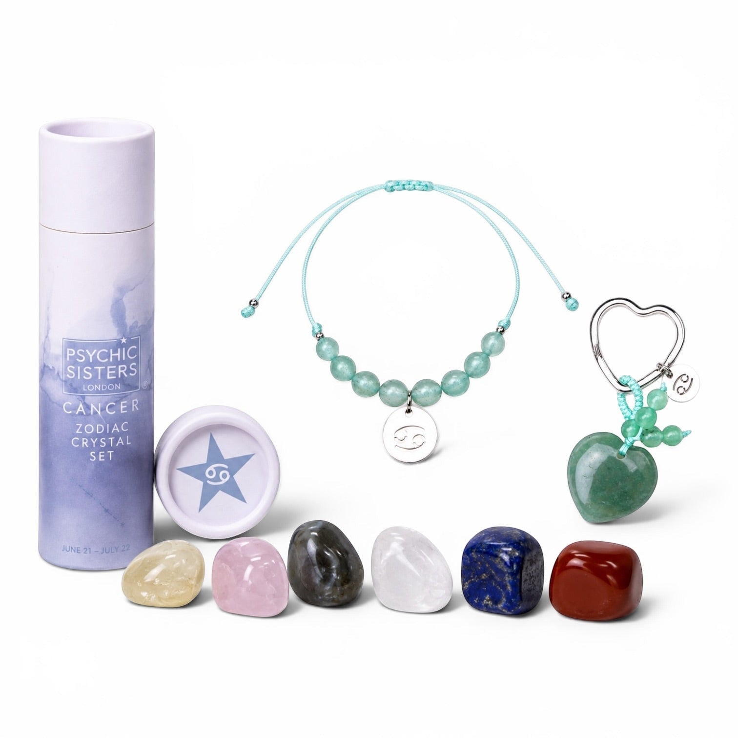 Psychic Sisters Cancer zodiac gift set with crystal stones, beaded bracelet, and heart-shaped keyring in a tube box.
