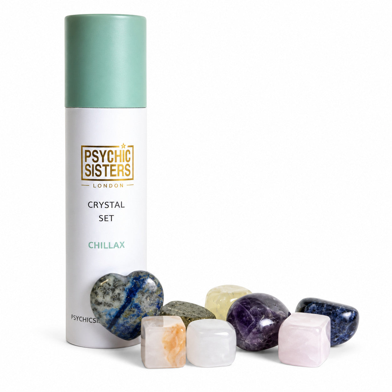 Psychic Sisters Chillax crystal set featuring seven assorted tumbled gemstones in a recycled cardboard tube.