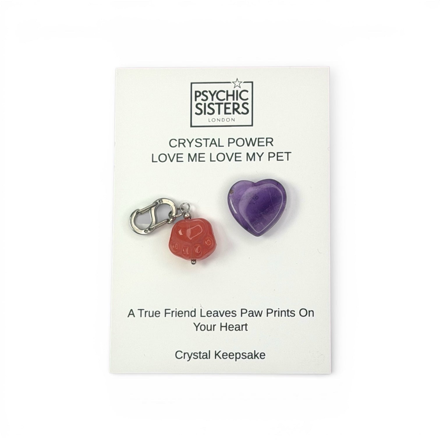 Psychic Sisters Love Me, Love My Pet pocket hug with a pink strawberry quartz paw charm and a purple amethyst heart.