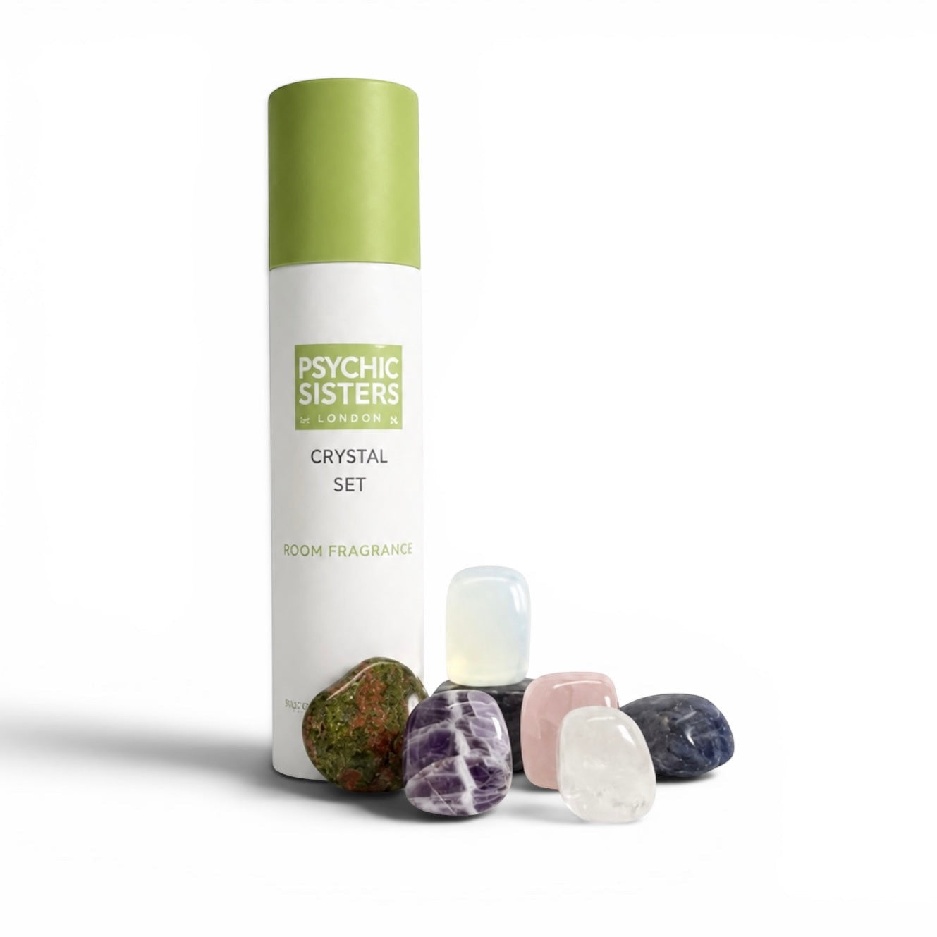 Psychic Sisters crystal set featuring seven assorted tumbled gemstones displayed with a recycled cardboard tube.