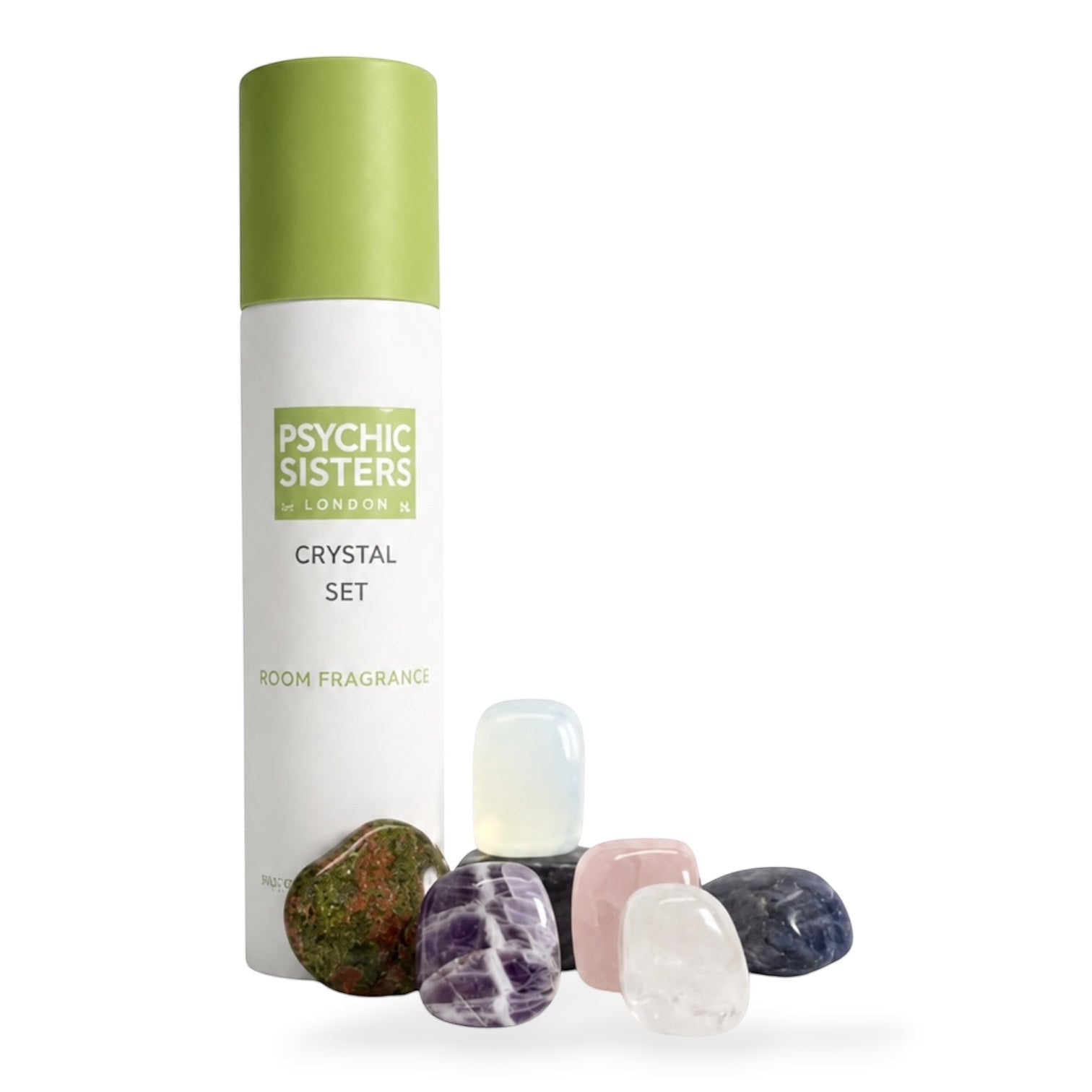 Psychic Sisters crystal set featuring seven assorted tumbled gemstones and a branded recycled cardboard tube.