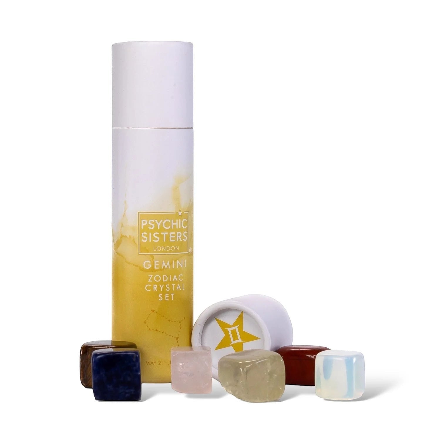 Psychic Sisters Gemini Zodiac Crystal Set with six tumbled gemstones and a branded recycled cardboard tube.