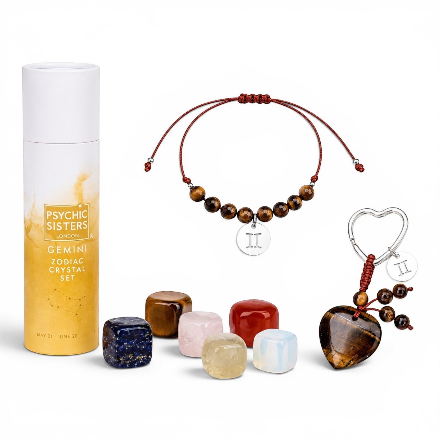 Psychic Sisters Gemini zodiac gift set with six crystals, a beaded bracelet, and a heart-shaped crystal keyring.