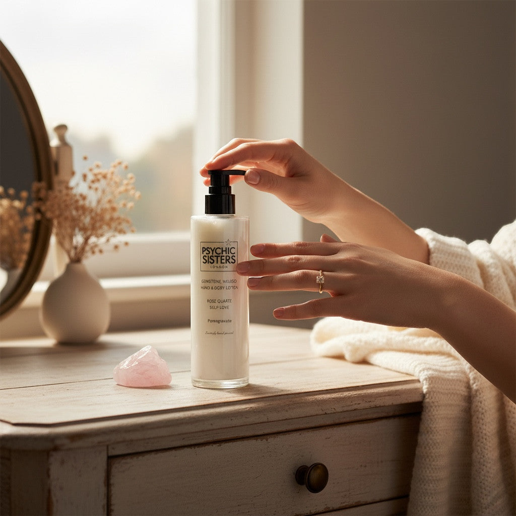 Psychic Sisters gemstone infused hand and body lotion in a clear glass bottle with a rose quartz crystal on a vanity.
