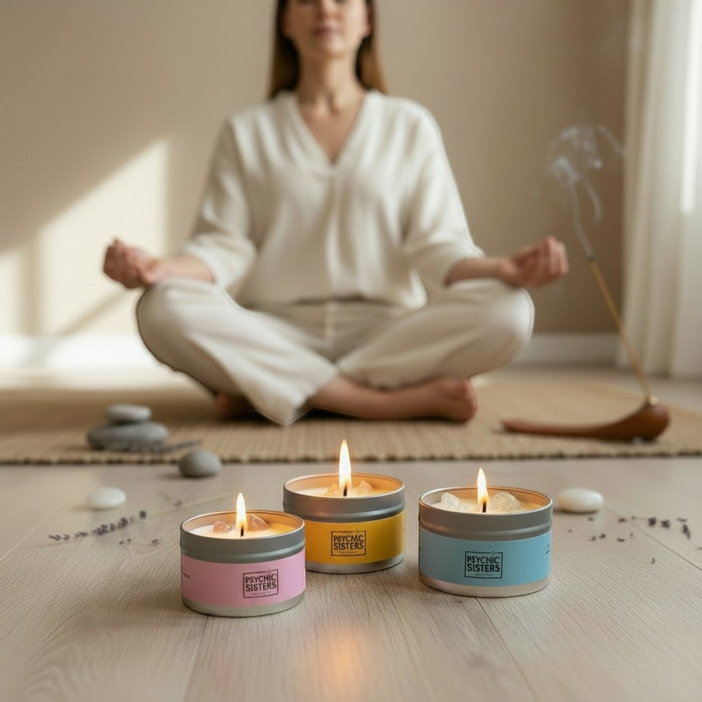 Psychic Sisters gemstone tin candles in pink, yellow, and blue with crystals, set before a woman meditating.
