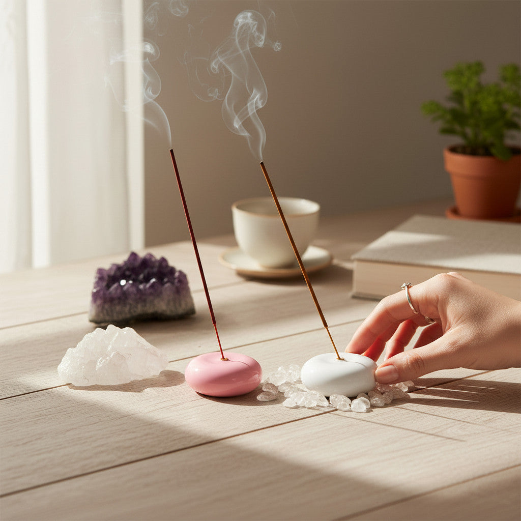 Psychic Sisters pink and white glass incense holders on a wooden table with burning incense sticks and crystals.