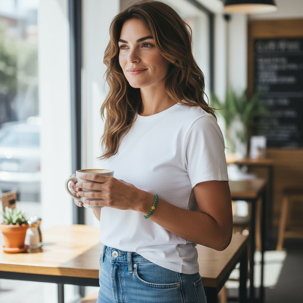 Psychic Sisters zodiac crystal bracelet in green worn by a woman holding a coffee cup in a cafe setting.