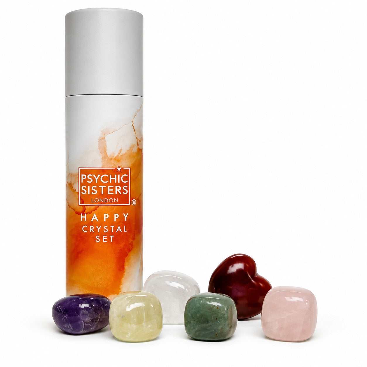 Psychic Sisters Happy crystal set with seven assorted tumbled gemstones and a branded recycled cardboard tube.