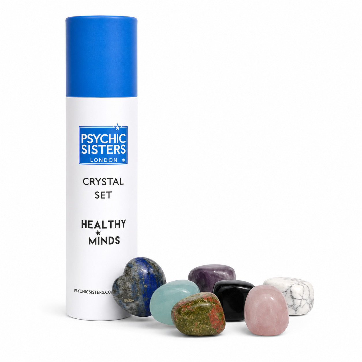 Psychic Sisters Healthy Minds crystal set featuring seven assorted tumbled gemstones and a white recycled cardboard tube.