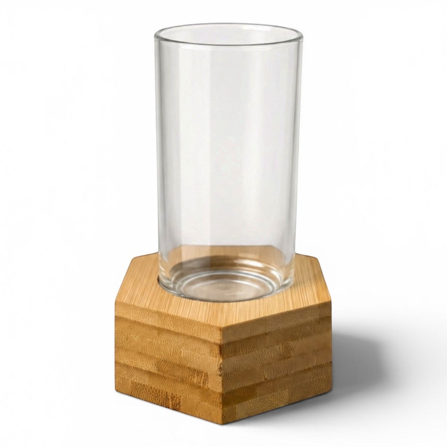 Psychic Sisters hexagonal bamboo base with a clear glass vessel for incense sticks or dried botanicals