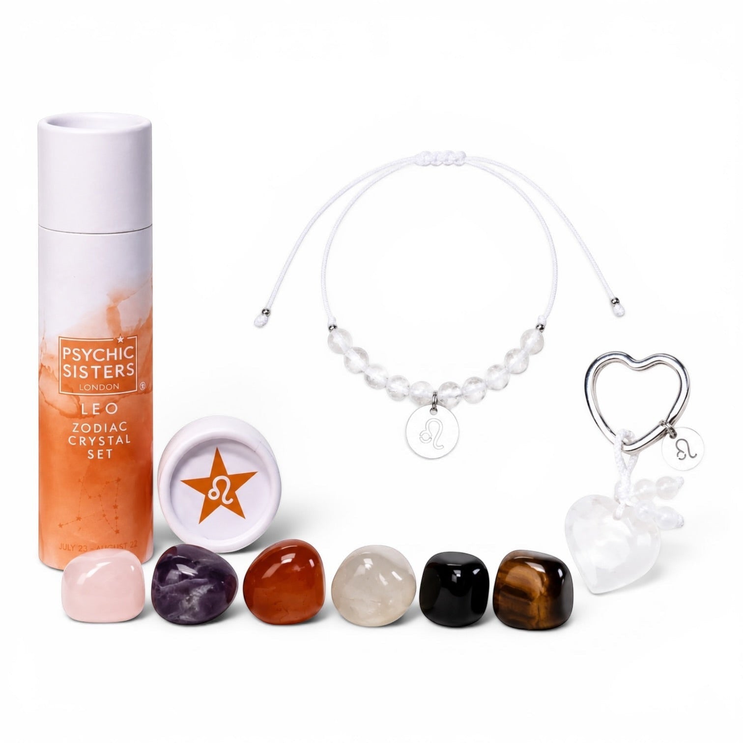 Psychic Sisters Leo zodiac gift set with six crystals, beaded bracelet, and heart keyring in a branded tube.