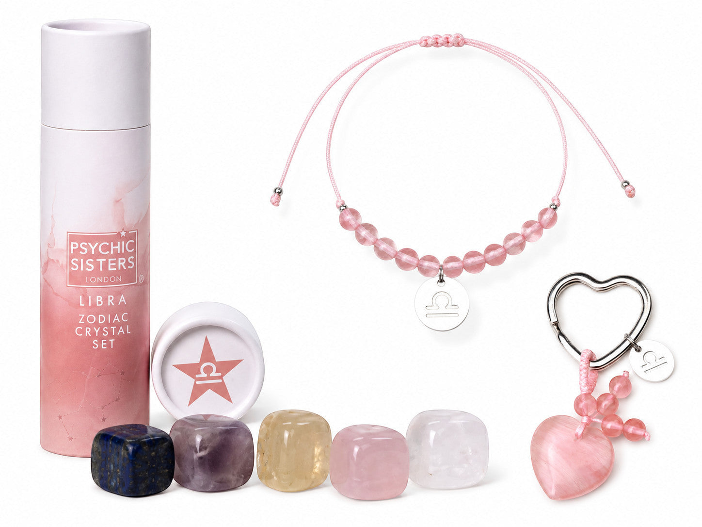 Psychic Sisters Libra zodiac gift set with crystal stones, pink beaded bracelet, and heart-shaped crystal keyring.