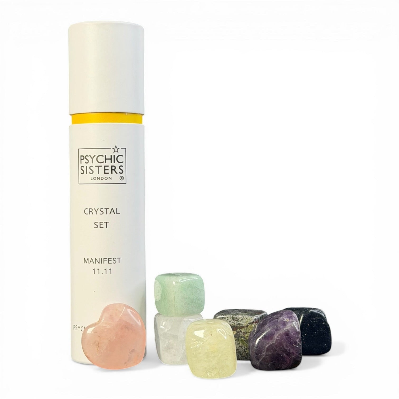 Psychic Sisters Manifest 11.11 crystal set with seven tumbled gemstones and a white recycled cardboard storage tube.