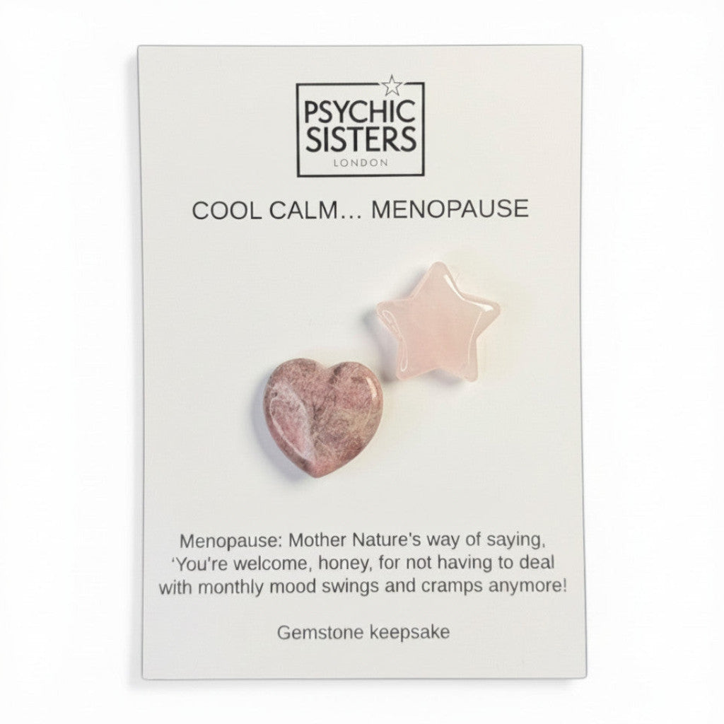 Psychic Sisters Cool Calm Menopause pocket hug card with a pink Rhodocrosite heart and a Rose Quartz star crystal.